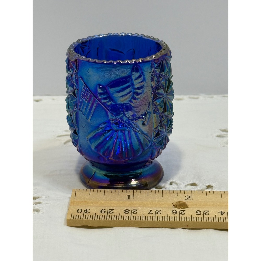 Blue Carnival Glass Betsy Ross with Flag Toothpick Holder Iridescent Votive - Picture 7 of 7